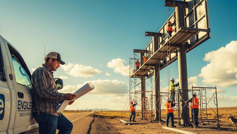 En la imagen un ingeniero y sus obreros están instalando un soporte o estructura de Publicidad Exterior OOH de una valla
